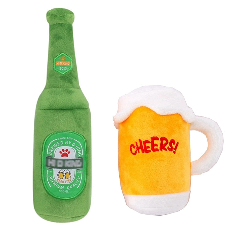Plush Squeaky Beer Bottle Dog Toy for Interactive Play