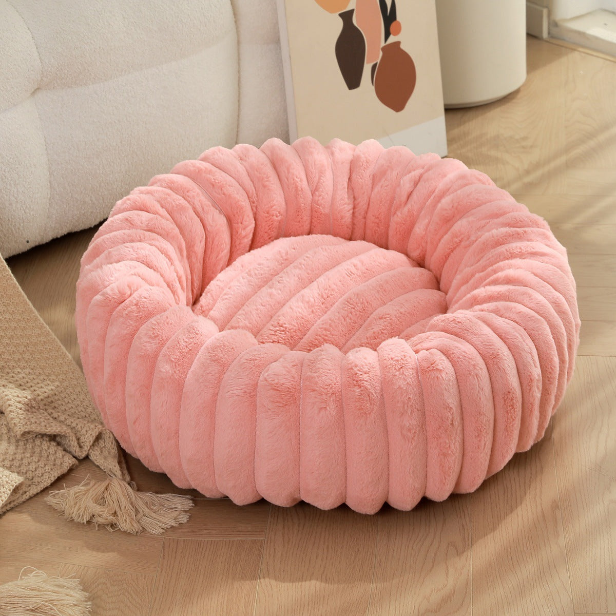 Round Plush Pet Bed with Long Fur, Warm Sleeping Mat for Cats and Dogs