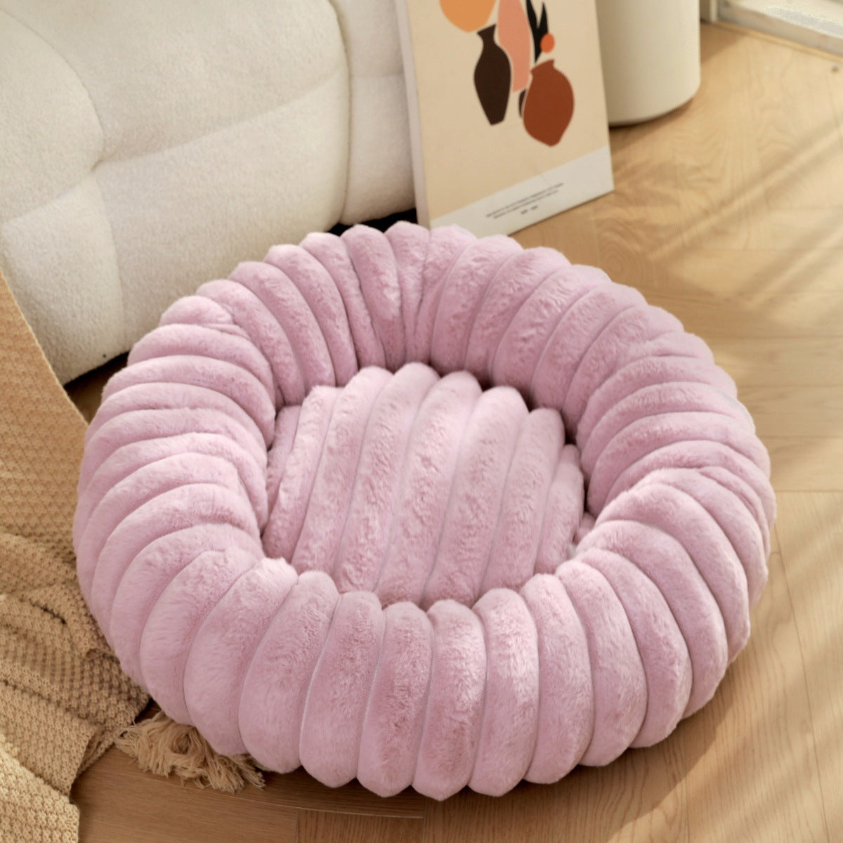 Round Plush Pet Bed with Long Fur, Warm Sleeping Mat for Cats and Dogs
