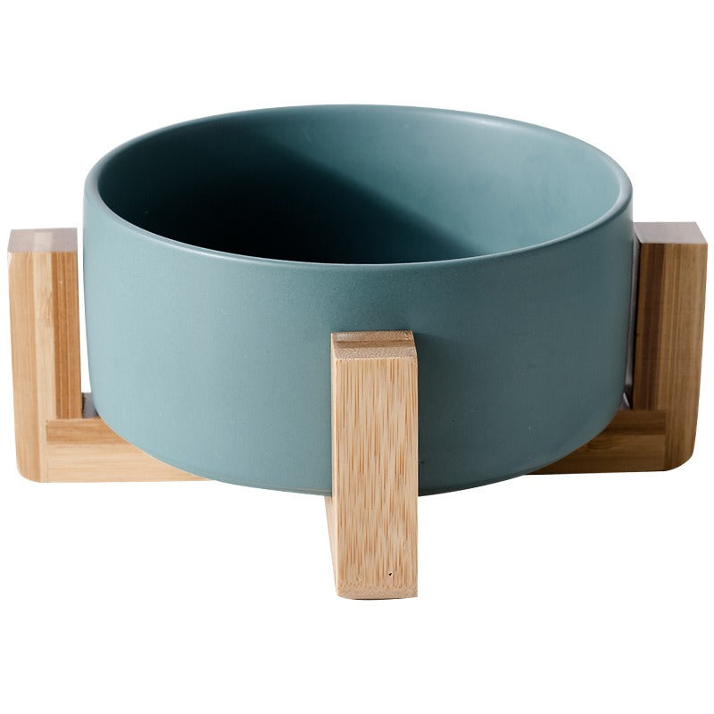 Non-Slip Ceramic Cat Bowl with Wooden Stand, Anti-Tip Food and Water Dish