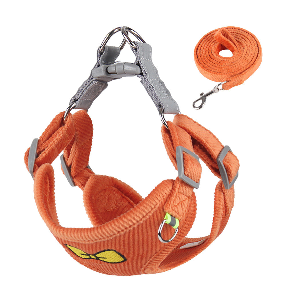 Embroidered Corduroy Dog Harness Vest with Leash, Puppy Chest Strap Set