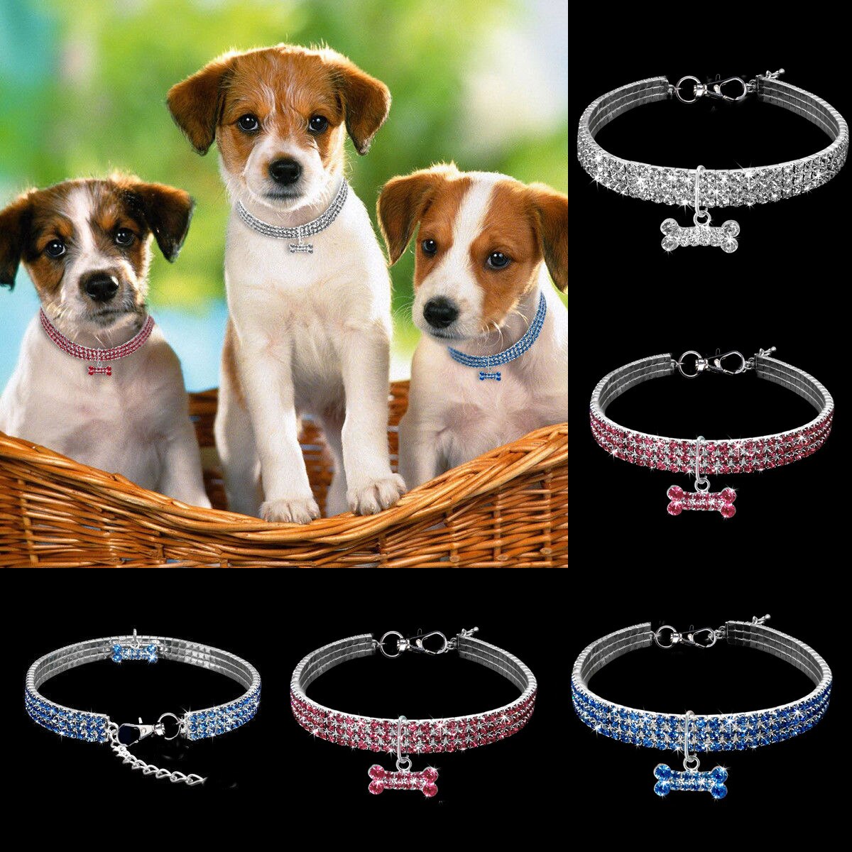 Bling Pet Collar with Bone Pendant, Crystal Jewelry Collar for Cats and Small Dogs