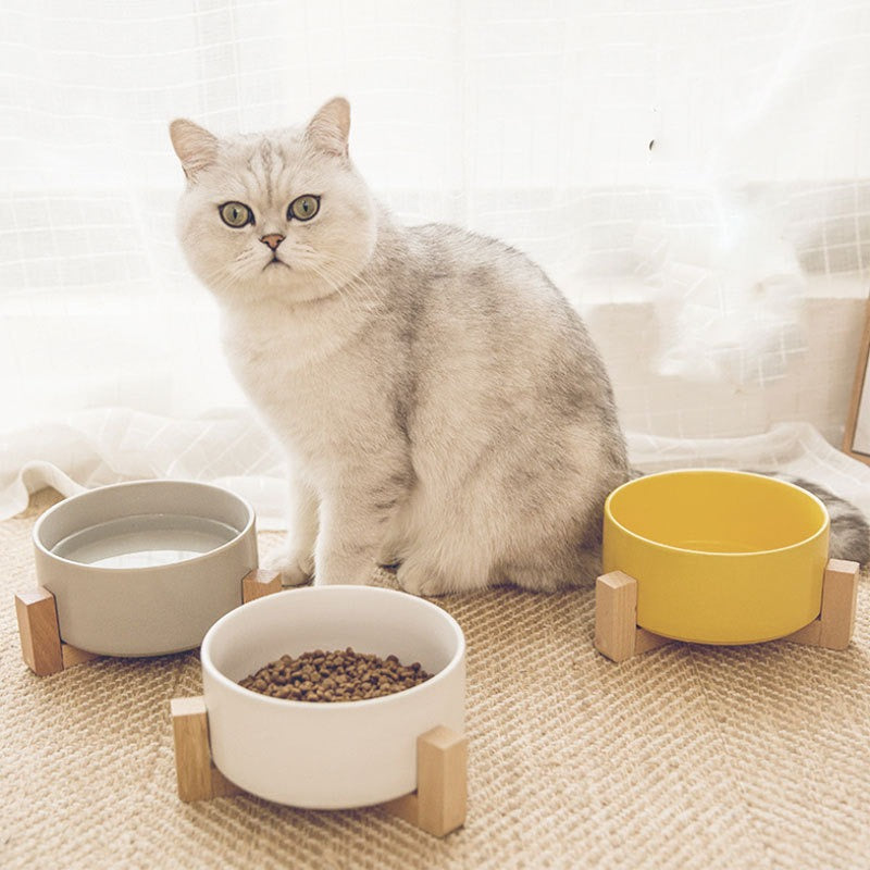 Non-Slip Ceramic Cat Bowl with Wooden Stand, Anti-Tip Food and Water Dish