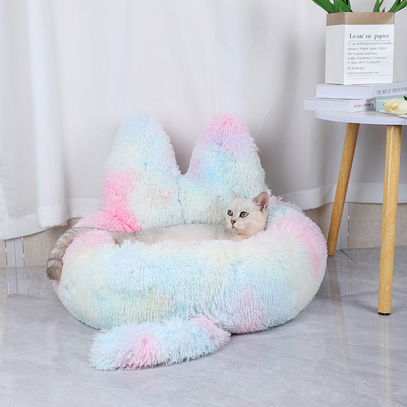 Round Plush Pet House Bed for Cats and Dogs, Warm All-Season Sleeping Nest