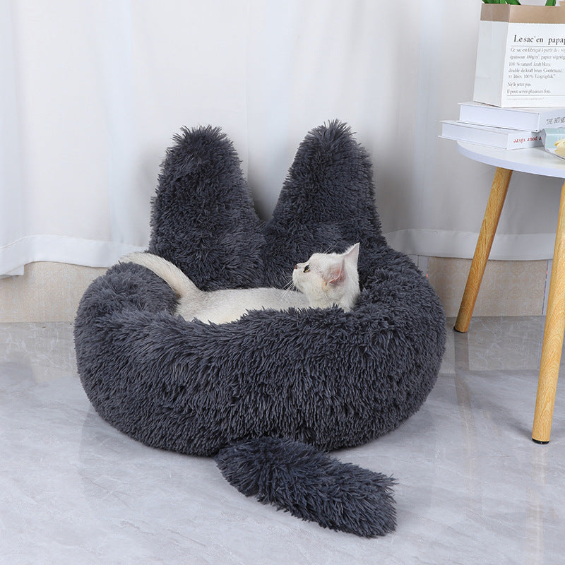 Round Plush Pet House Bed for Cats and Dogs, Warm All-Season Sleeping Nest