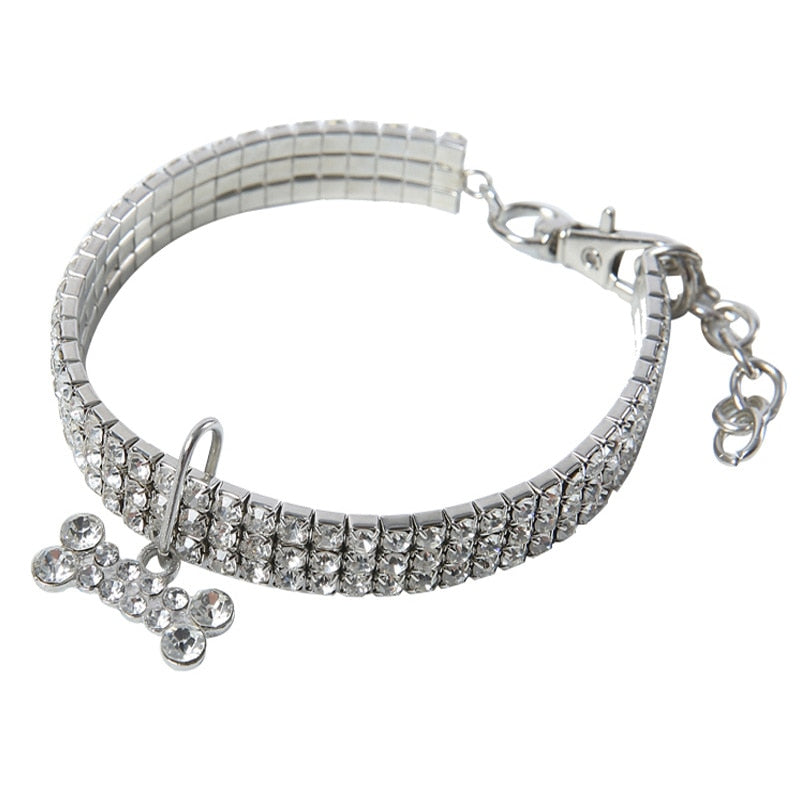 Bling Pet Collar with Bone Pendant, Crystal Jewelry Collar for Cats and Small Dogs
