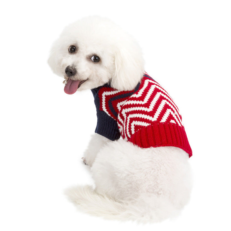 Knitted Dog Sweater with Contrast Wave Pattern, Warm Pet Clothing