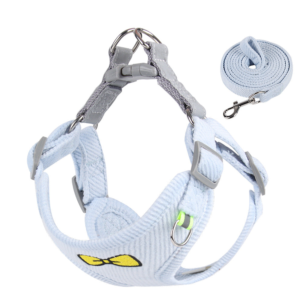 Embroidered Corduroy Dog Harness Vest with Leash, Puppy Chest Strap Set