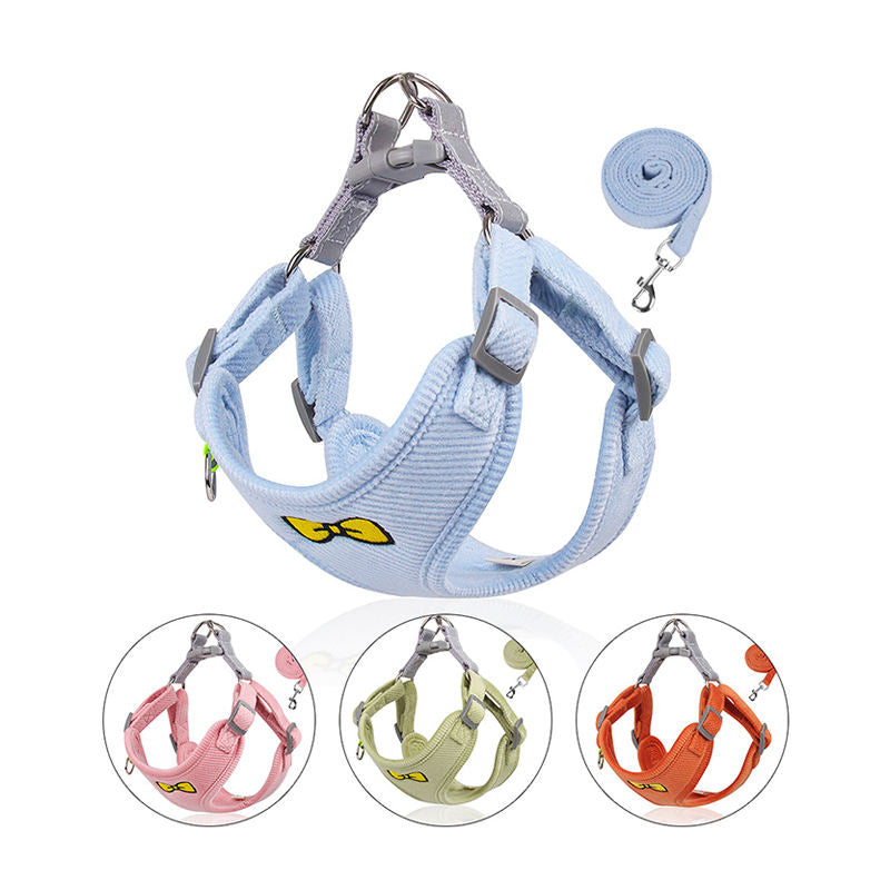 Embroidered Corduroy Dog Harness Vest with Leash, Puppy Chest Strap Set
