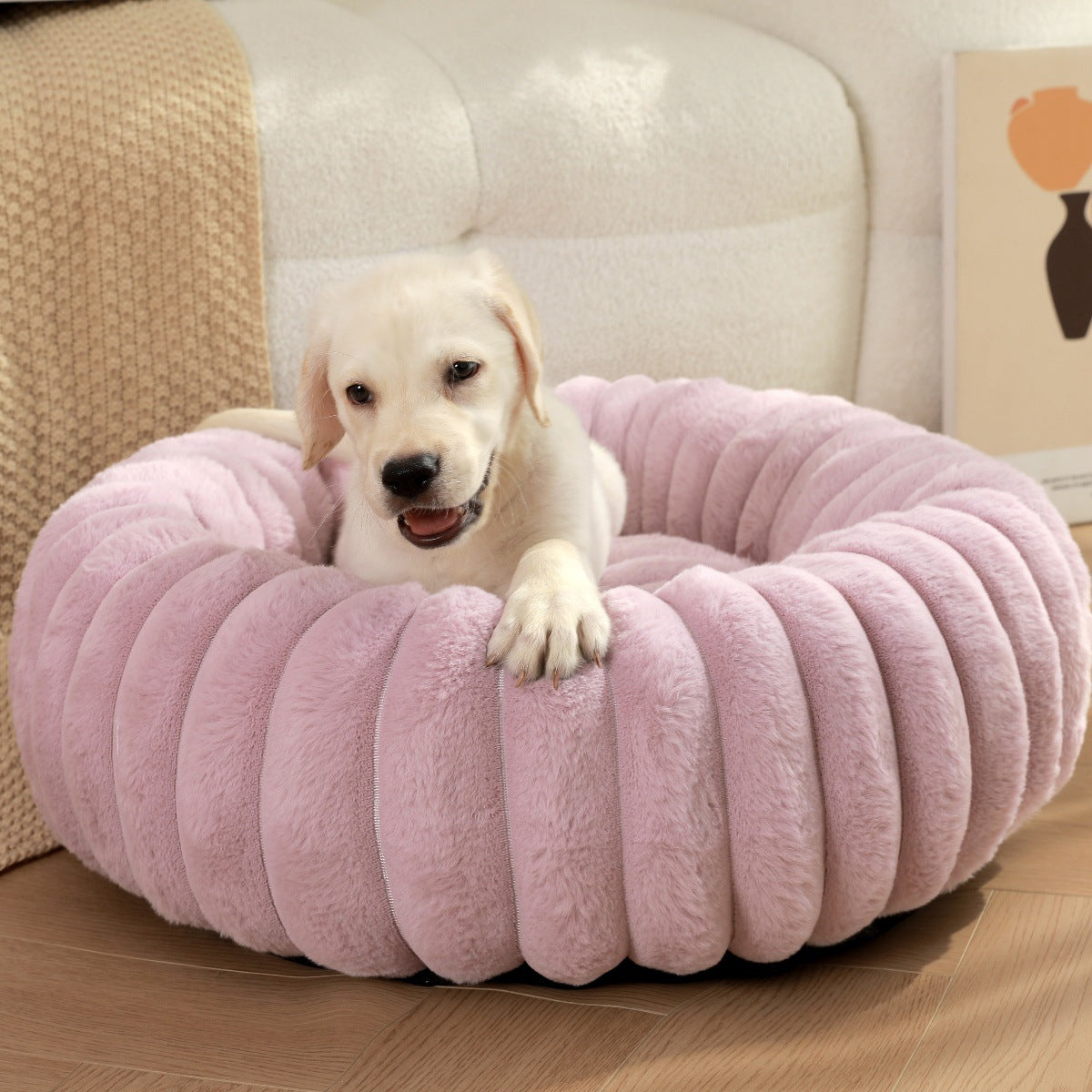 Round Plush Pet Bed with Long Fur, Warm Sleeping Mat for Cats and Dogs