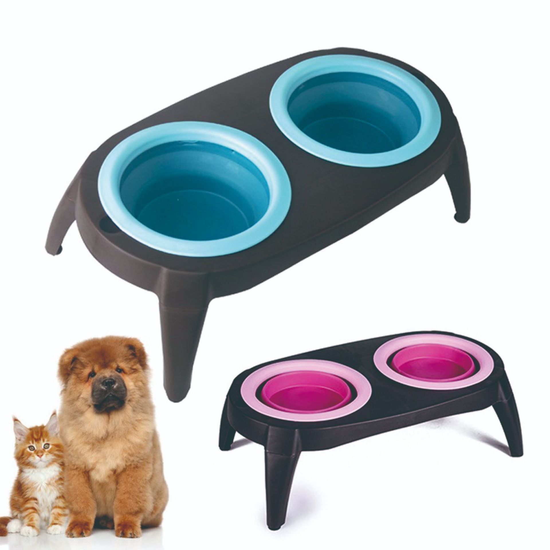 Foldable Double Silicone Pet Bowl, Travel Feeding Bowl for Dogs and Cats