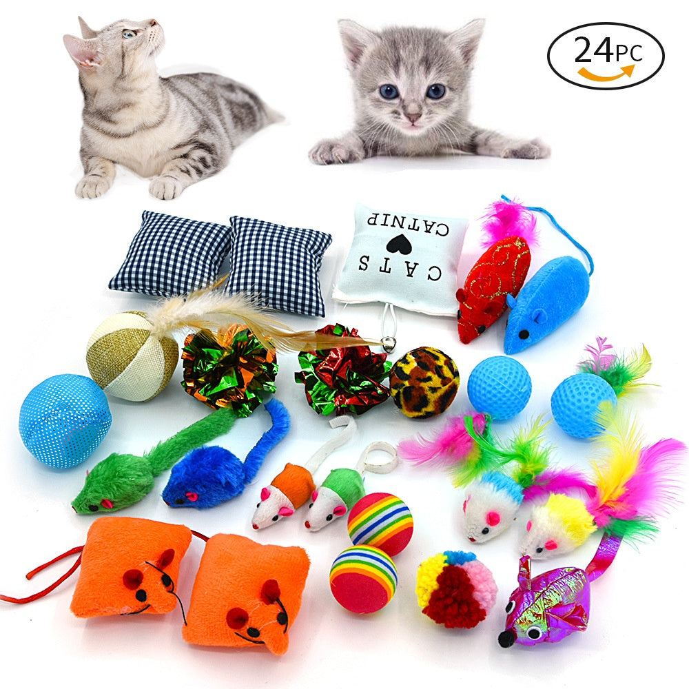 24-Piece Cat Toy Set with Catnip Toys, Rainbow Balls and Plush Mice
