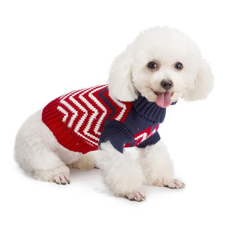 Knitted Dog Sweater with Contrast Wave Pattern, Warm Pet Clothing