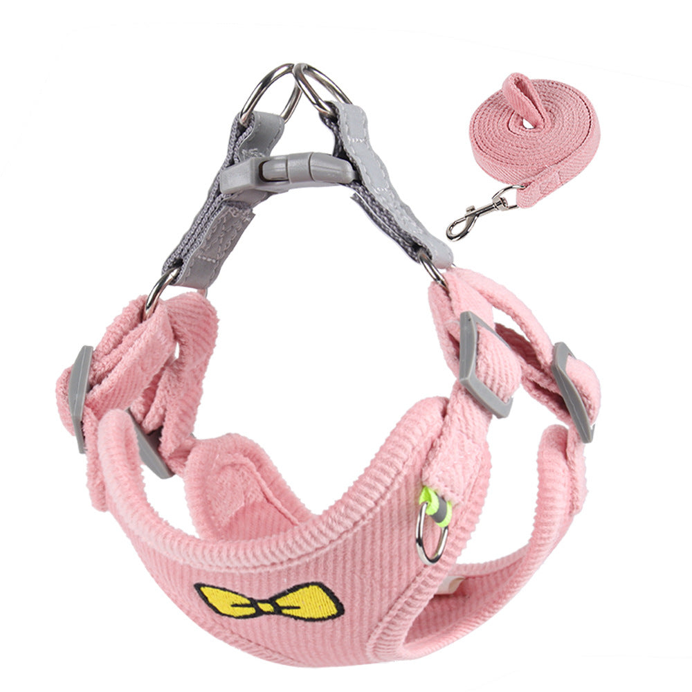 Embroidered Corduroy Dog Harness Vest with Leash, Puppy Chest Strap Set