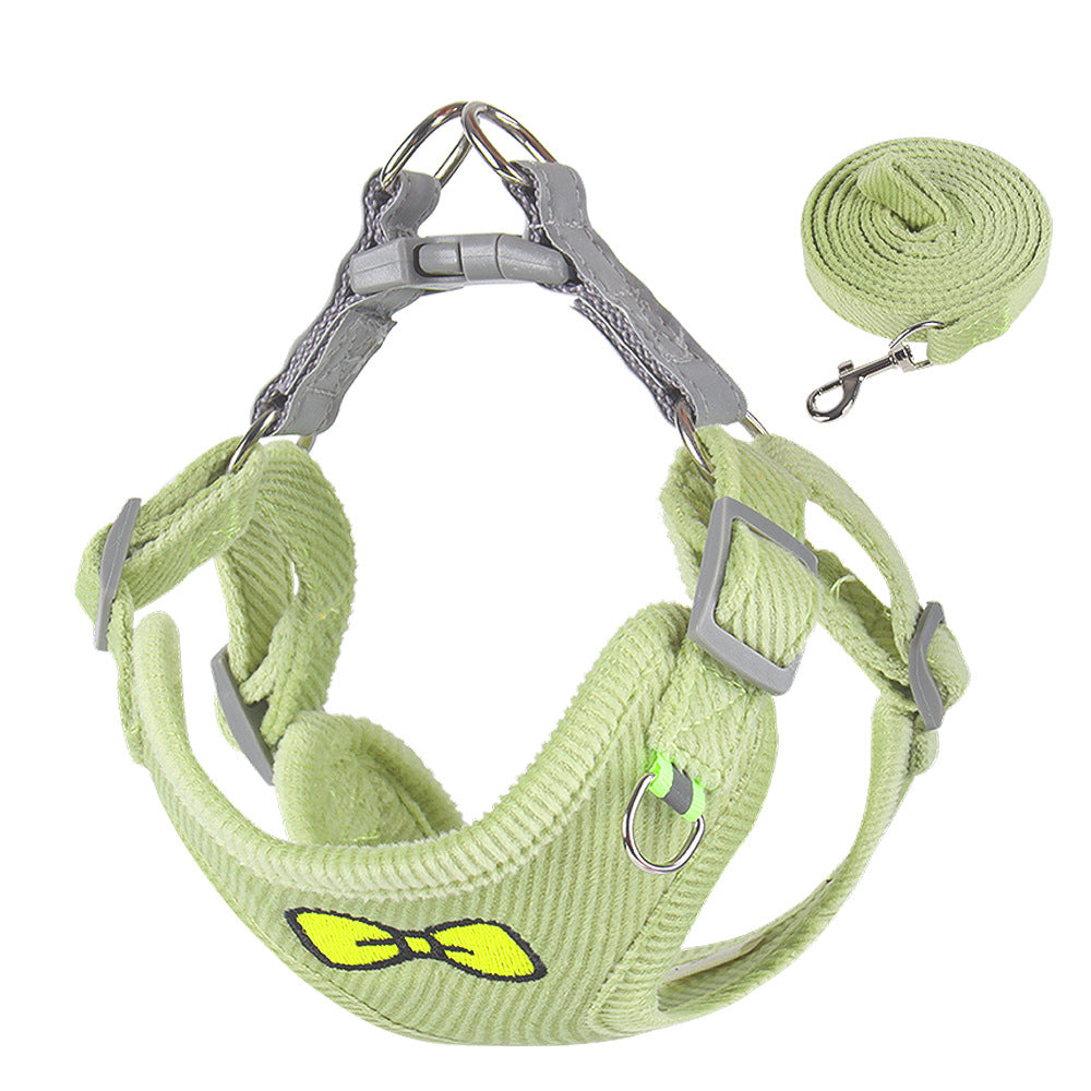 Embroidered Corduroy Dog Harness Vest with Leash, Puppy Chest Strap Set