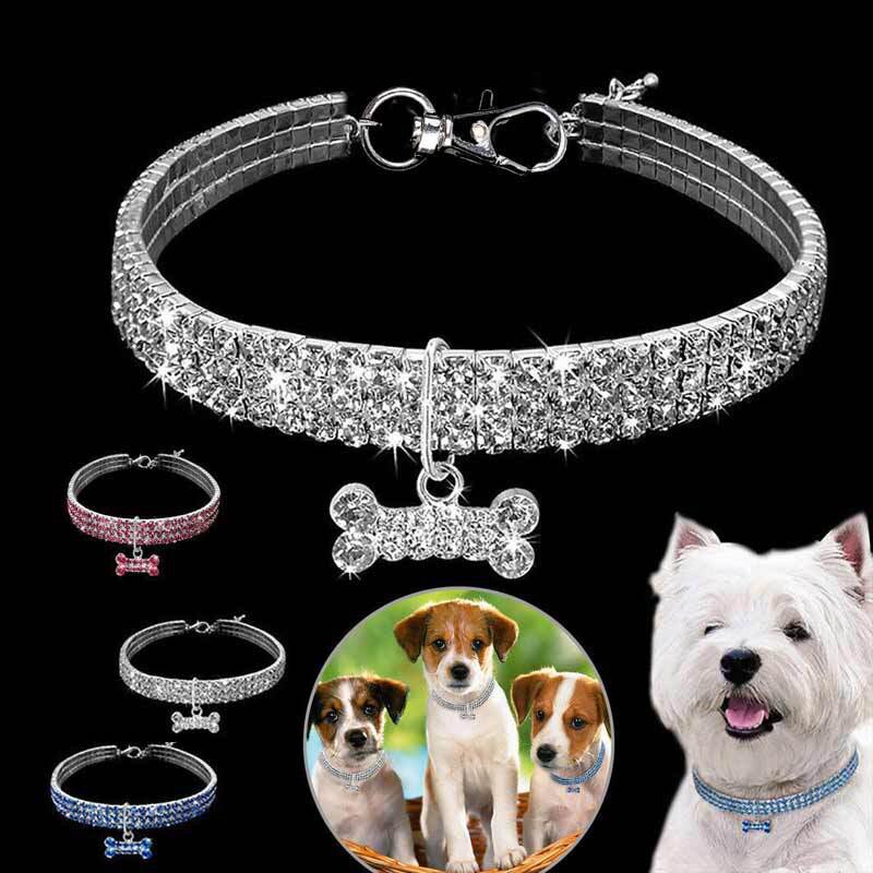 Bling Pet Collar with Bone Pendant, Crystal Jewelry Collar for Cats and Small Dogs