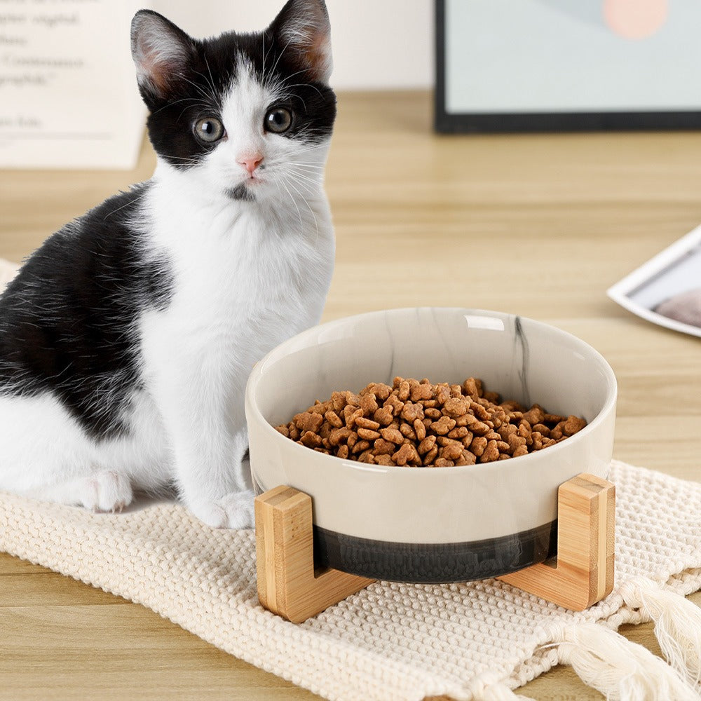 Non-Slip Ceramic Cat Bowl with Wooden Stand, Anti-Tip Food and Water Dish