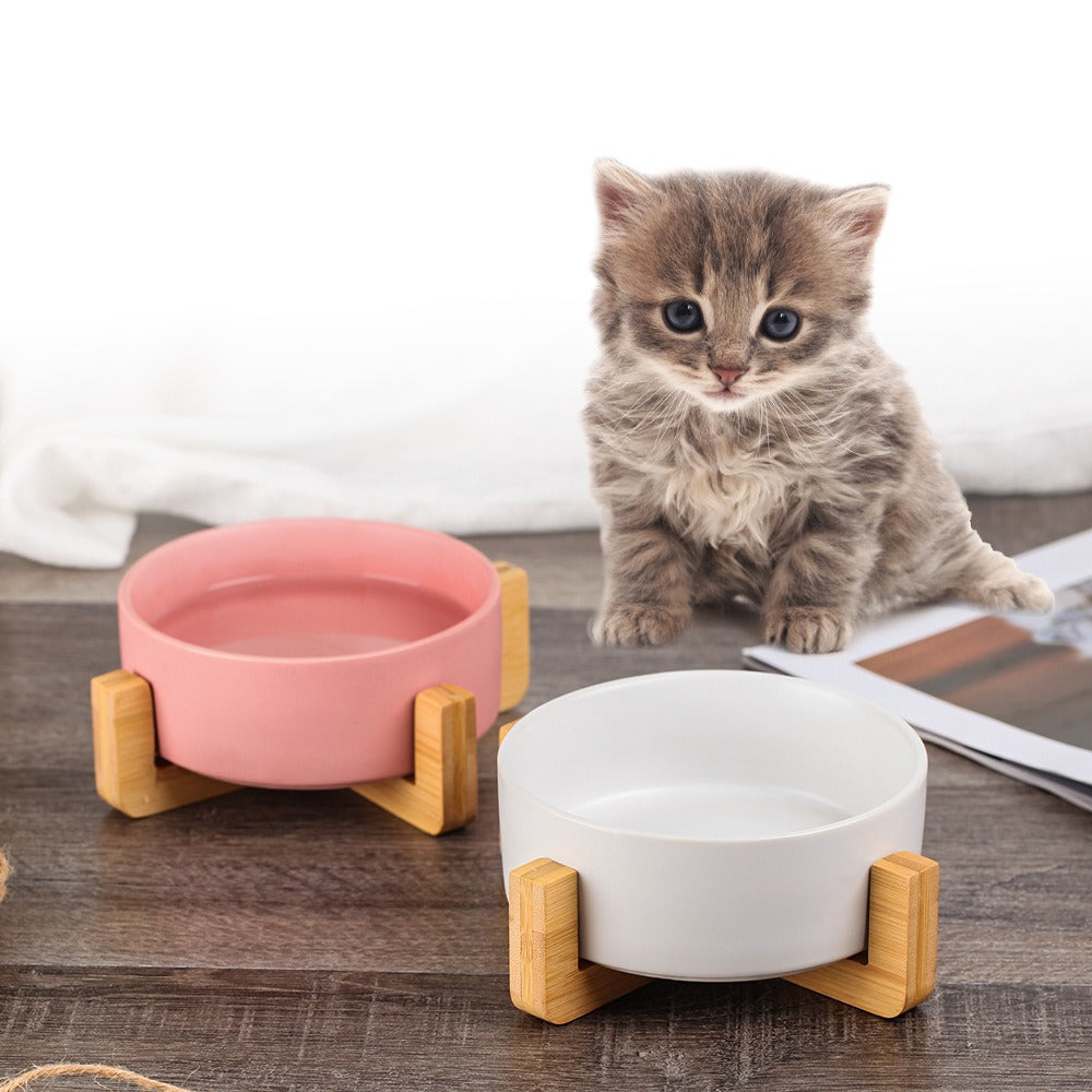 Non-Slip Ceramic Cat Bowl with Wooden Stand, Anti-Tip Food and Water Dish