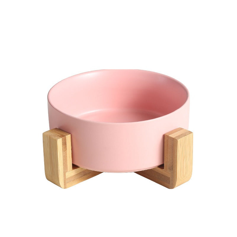 Non-Slip Ceramic Cat Bowl with Wooden Stand, Anti-Tip Food and Water Dish