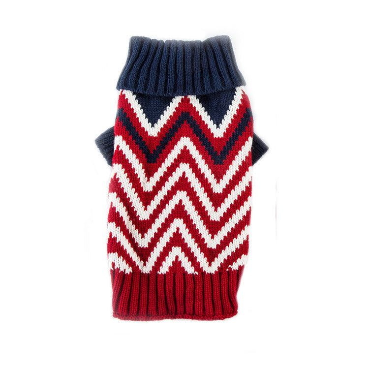 Knitted Dog Sweater with Contrast Wave Pattern, Warm Pet Clothing
