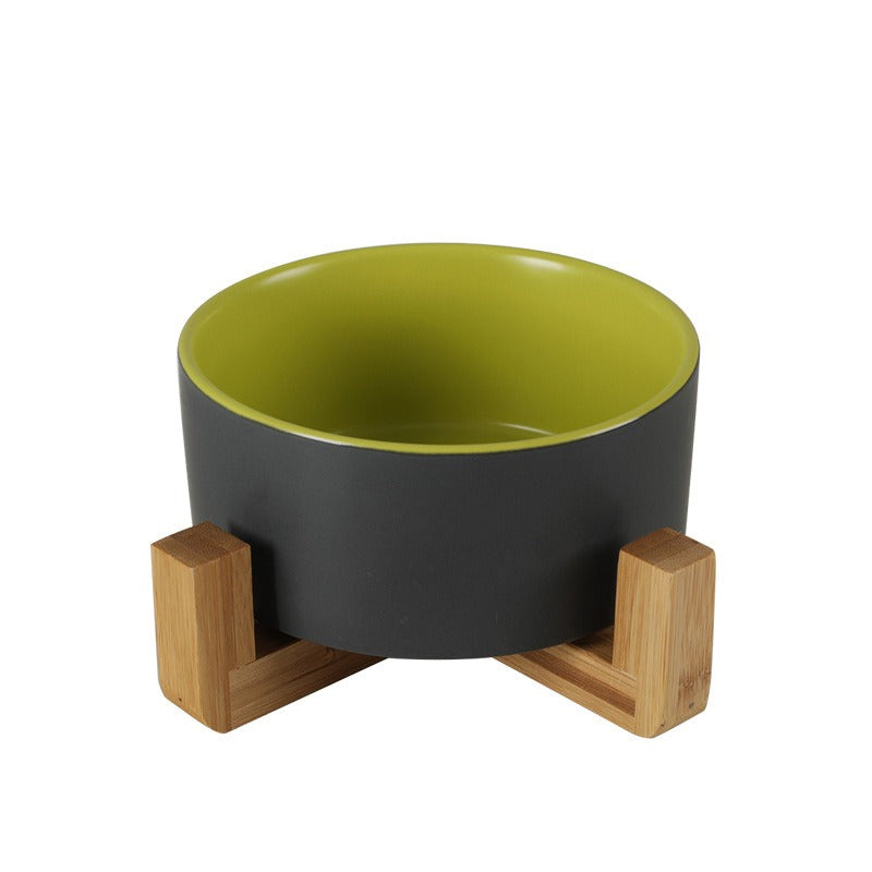 Non-Slip Ceramic Cat Bowl with Wooden Stand, Anti-Tip Food and Water Dish
