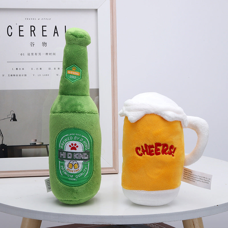Plush Beer Bottle Squeaky Dog Toy for Interactive Play