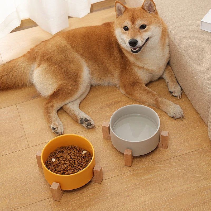 Non-Slip Ceramic Cat Bowl with Wooden Stand, Anti-Tip Food and Water Dish