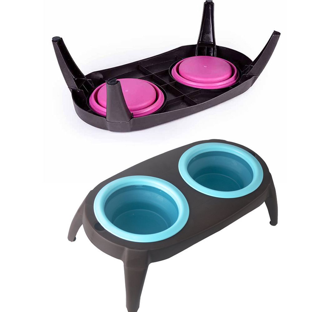 Foldable Double Silicone Pet Bowl, Travel Feeding Bowl for Dogs and Cats