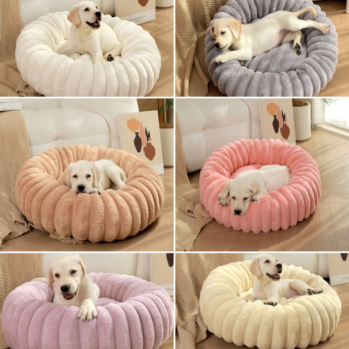 Round Plush Pet Bed with Long Fur, Warm Sleeping Mat for Cats and Dogs