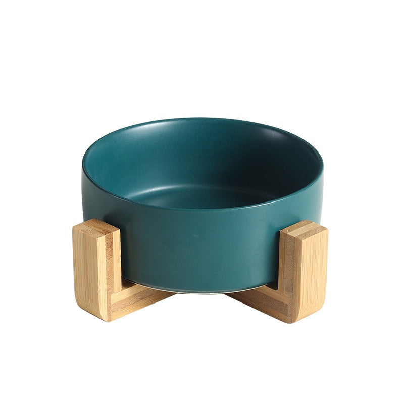 Non-Slip Ceramic Cat Bowl with Wooden Stand, Anti-Tip Food and Water Dish