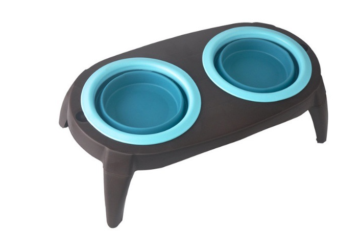 Foldable Double Silicone Pet Bowl, Travel Feeding Bowl for Dogs and Cats