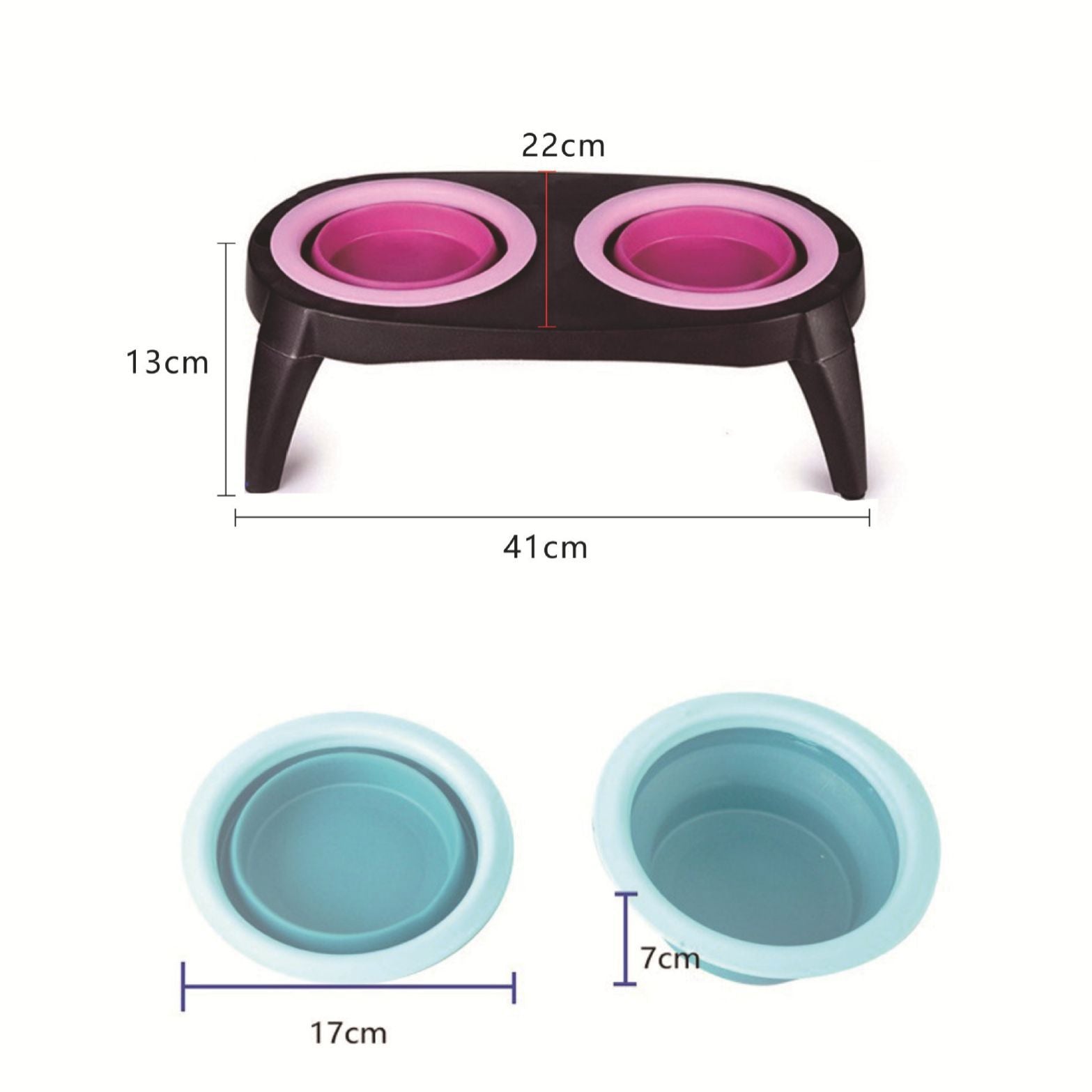 Foldable Double Silicone Pet Bowl, Travel Feeding Bowl for Dogs and Cats